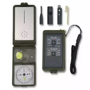 Brújula con termómetro y accesorios de supervivencia